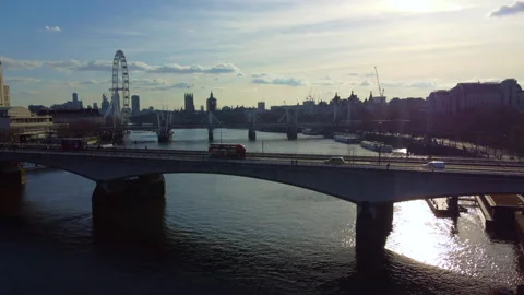 Aerial Track into buses on Waterloo Bridge Stock Footage 150261504