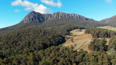 Aerial tracking mountain peak surrounded by forest and scattered pastures Stock Footage 154489102