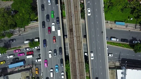 Aerial tracking shot view from the drone on the highway of Bangkok,Thailand Stock Footage 77705297