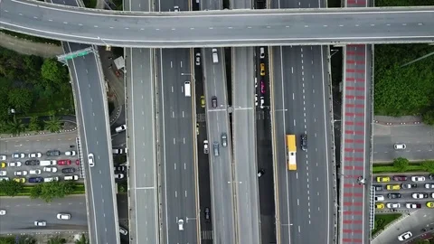 Aerial tracking shot view from the drone on the highway of Bangkok,Thailand Stockbeeldmateriaal 77707262