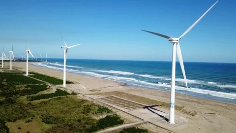 Aerial tracking shot of Wind power generator on the beach Video stock 81263222
