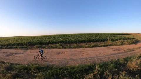 AERIAL Tracking side shot of a mountain biker riding on a dusty road Stock Footage 112005972