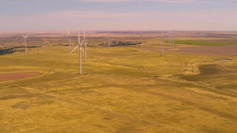 Aerial: Tracking towards Vast Wind Farm Stock Footage 115268934