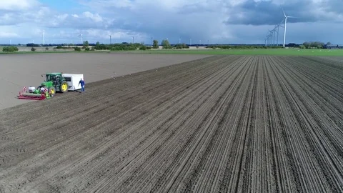 Aerial of tractor pulling tulip loader wagon planting tulip bulbs into soil 4k Stock Footage 84327645
