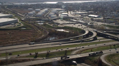 Aerial of traffic and toll booth in industrial section of New Jersey. Shot in Stock Footage 59183225