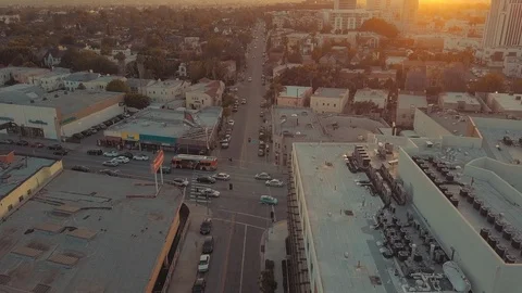 Aerial of Traffic During Sunset in Miracle Mile Los Angeles California Stock Footage 103118732