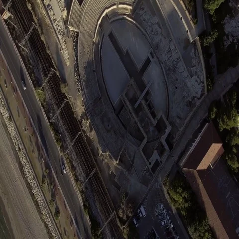 Aerial of traffic on elevated road and stadium under construction Stock Footage 69464687