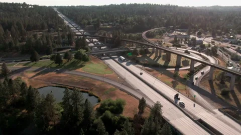 Aerial: Traffic on the Interstate 80, Spokane, Washington, USA Stock Footage 159708967