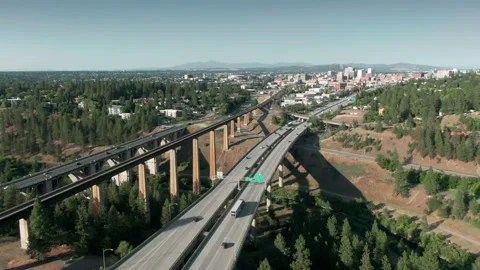 Aerial: Traffic on the Interstate 80, Spokane, Washington, USA Stock Footage 159716202