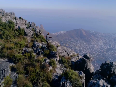 Aerial of Trail Runner on Table Mountain in Cape Town Stock Footage 79729243