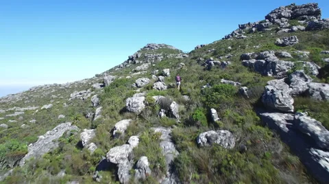 Aerial of Trail Running on Table Mountain, South Africa Stock Footage 65076760