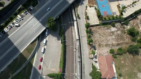 Aerial train and road Stock Footage 201273828