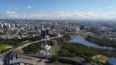 Aerial of Train Moving Along Rail in Financial Area of San Juan Puerto Rico Stock Footage