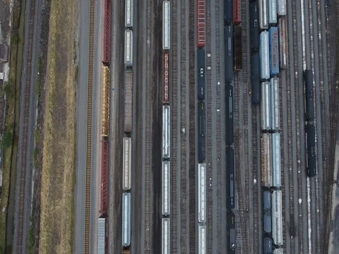 Aerial Train Yard Many Tracks And Train Cars Stock Footage 80683990