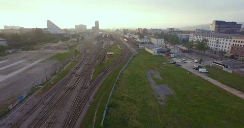Aerial of train yard in the town Stock-Footage 85824122