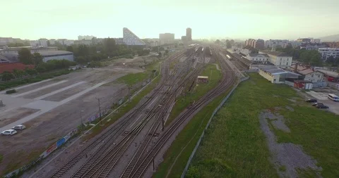 Aerial of train yard in the town Stock Footage 85824147