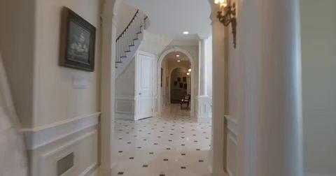 Aerial Traveling Down Long Hallway of a Mansion Stock Footage