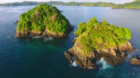 Aerial of Tree Covered Island and Shoreline Waves Stock Footage