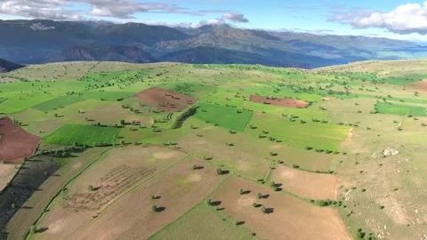 Aerial Turkey farmland patchwork fields hills cultivated - Countryside Panorama Stock Footage 339568356