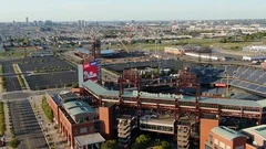 Aerial view of Philadelphia, Pennsylvania, with a focus on two of the city  professional sports venues: Citizens Bank Park, home of the baseball  Philadelphia Phillies (foreground); and the football Philadelphia Eagles'  Lincoln