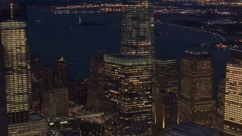 AERIAL: Two American icons - Statue of Liberty and One World Trade skyscraper Stock Footage