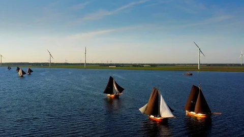 Aerial of typical Dutch blunter ships in a contest Stock Footage 108108853