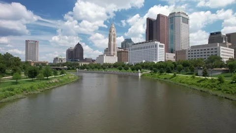 Aerial under bridge in Scioto River, Columbus Ohio Stock Footage 245950429