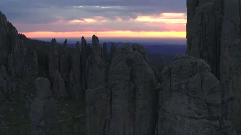 Aerial, unique granite peaks geological structure in Custer State Park in Stock Footage 205370341