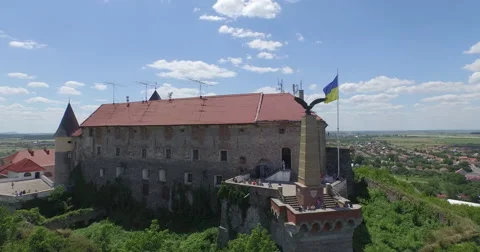 Aerial. The unique sample of fortification architecture. Mukachevo castle. Stock Footage 52361466