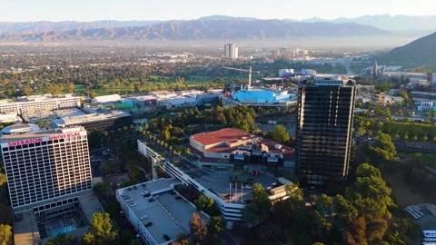 Aerial of Universal Studios Hollywood and Sheraton Universal Hotel, Los Angeles Stock Footage 313163485