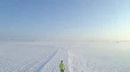 Aerial: Unrecognizable Woman Walking Along The Snowy Path Through Misty Fields Stock Footage