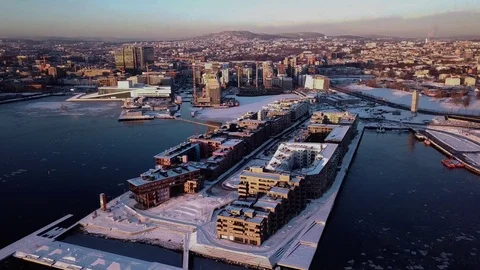 Aerial upraising shot of Lambda museum and Sorenga in Oslo, Norway Stock Footage 86304685