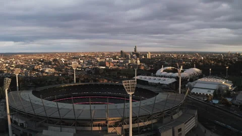 Aerial Upward Scenic View Of Famous Sports Stadium In City Under Cloudy Sky At Stock Footage 269458769