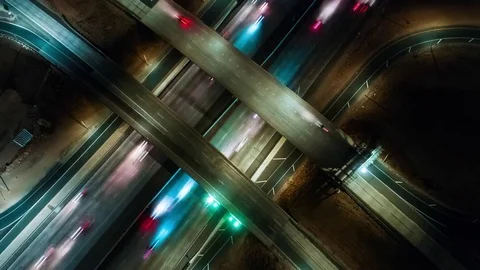 Aerial urban drone time lapse at night from above an interstate in Los Angeles. Stock Footage 81574544