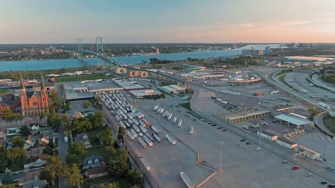 Aerial: U.S. Customs and Border Protection & freeway. Detroit, USA Stock Footage