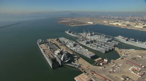Aerial USS Hornet Museum Alameda Point San Francisco USA Stock Footage