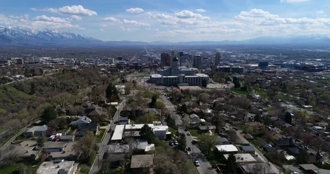 Aerial of Utah’s state capitol building overlooking downtown Salt Lake City Stock Footage 88636997