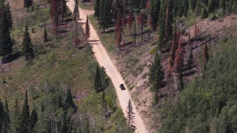 Aerial of UTV off road driving on Soapstone Pass dirt road in Utah in summer Stock Footage 341916688