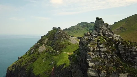 Aerial of The Valley of Rocks in north Devon, England west of the village Lynton 動画素材 90713623