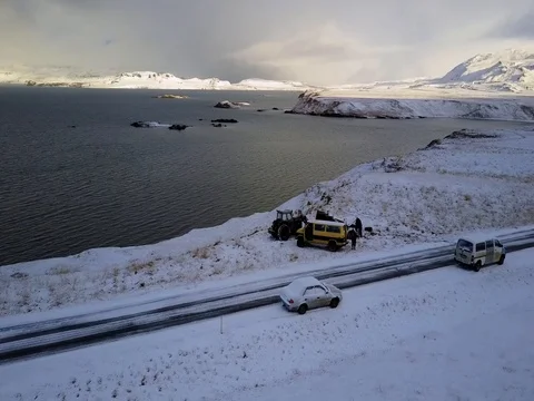 Aerial van on the winter road Stock Footage 75602689