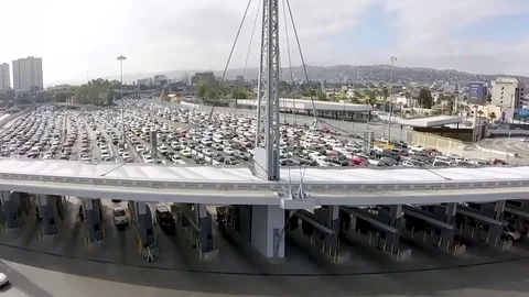 Aerial of vehicles aligned in queues outside San Ysidro port of entry - 2017 Video stock 84952176