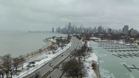 Aerial, Vehicles on Chicago's Lake Shore Drive during Cold Winter day Stock Footage
