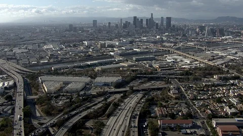 Aerial of vehicles moving on Overpass interchange in Los Angles city Stock Footage 106199454