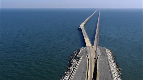 Aerial of vehicles riding on the two parallel bridges on the sea, Chesapeake Bay Stock Footage 109127509