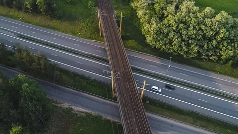 Aerial Vertical Drone Of Bridge Traffic Railway Intersection Stock Footage 104706548