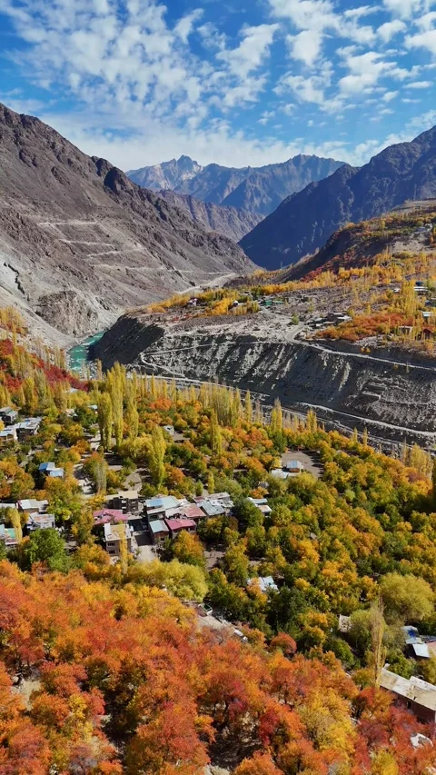 Aerial vertical drone flight over a valley village in Ladakh during fall. Stock Footage 310665359