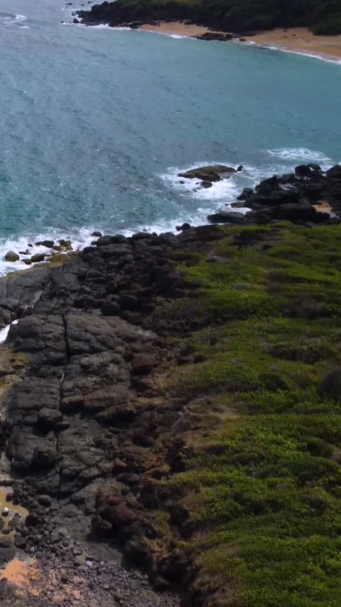 Aerial vertical flyover along rocks with waves crashing the shore tilt up Video stock 219219216