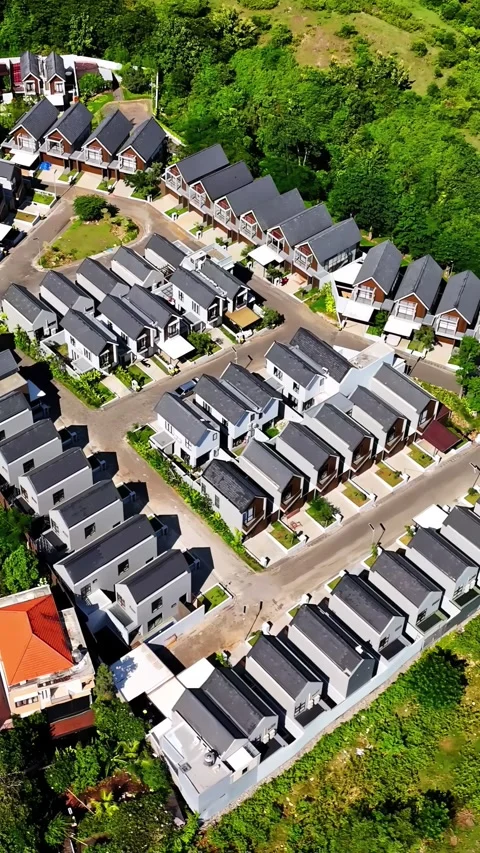 Aerial Vertical of Housing Complex Rice Fields Kuta Selatan Bali Gentrification Stock Footage 333040501