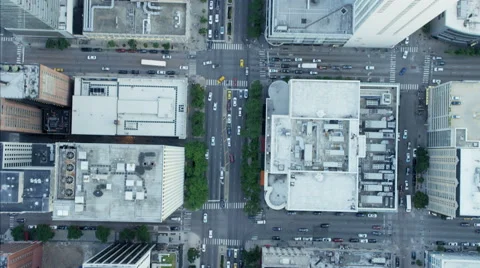 Aerial vertical overhead rooftop sunset view of Chicago city River Skyscraper Stock Footage 68086617