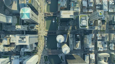 Aerial vertical overhead rooftop view of Metropolitan Chicago city River Stock Footage 68086078